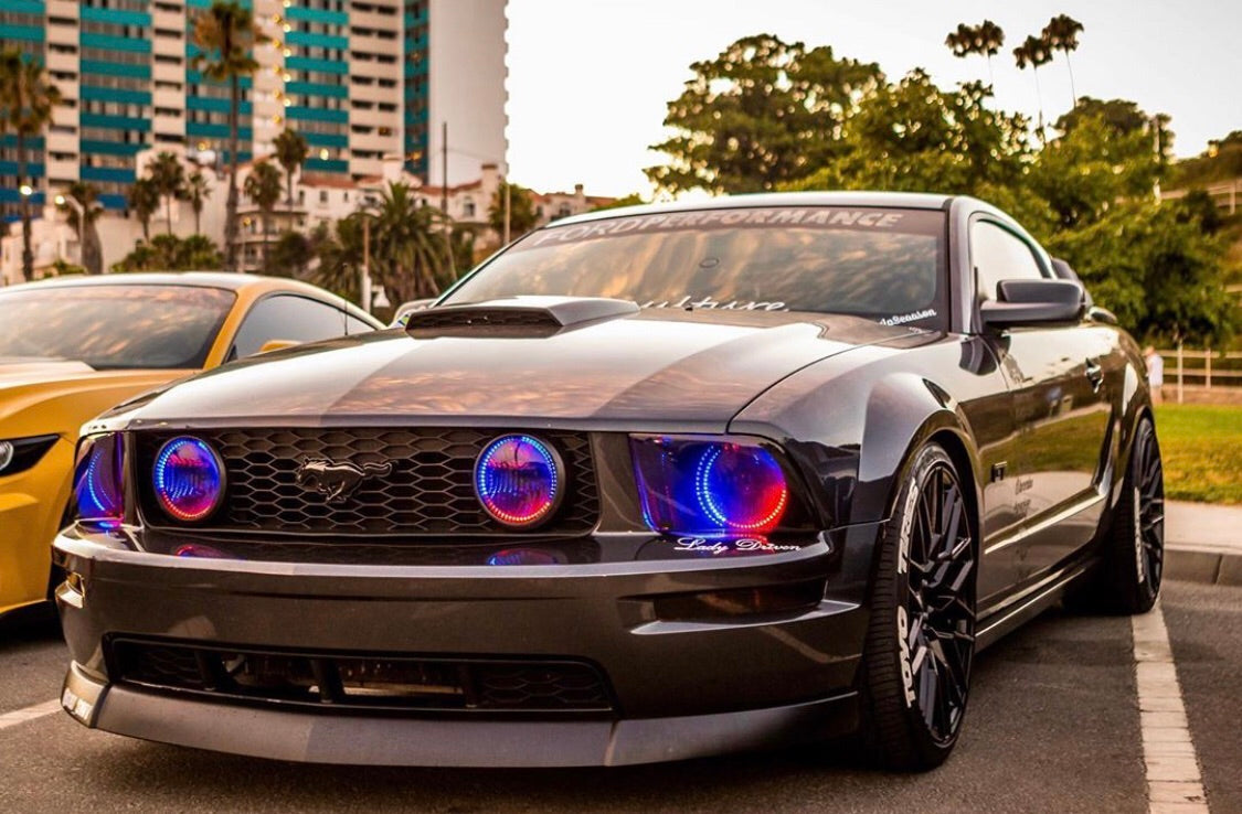 2005-2009 Ford Mustang RGBW Color-Chasing LED Halo Kit LED headlight kit AutoLEDTech Oracle Lighting Trendz Flow Series RGBHaloKits OneUpLighting Morimoto