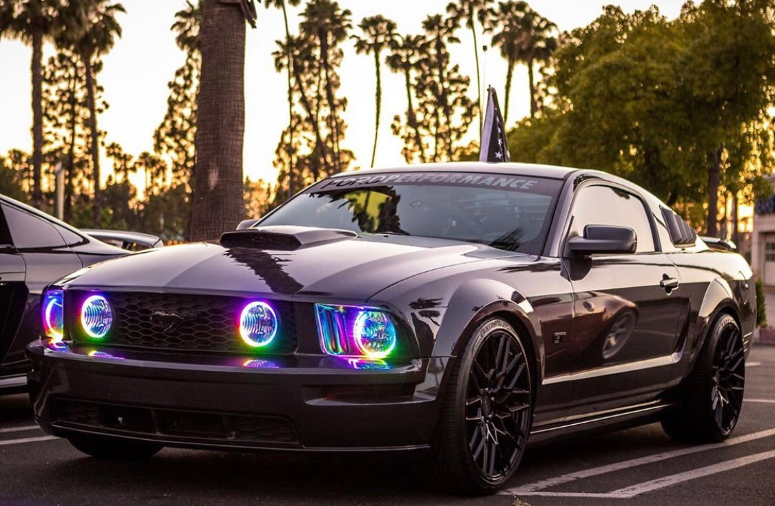 2005-2009 Ford Mustang RGBW Color-Chasing LED Halo Kit LED headlight kit AutoLEDTech Oracle Lighting Trendz Flow Series RGBHaloKits OneUpLighting Morimoto