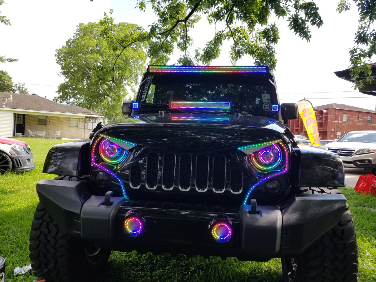 2018-2023+ Jeep Wrangler/Gladiator JL JT RGBW Color-Chasing Waterproof Exterior LED Halo Kit LED headlight kit AutoLEDTech Oracle Lighting Trendz Flow Series RGBHaloKits OneUpLighting Morimoto