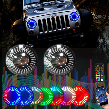 1997-2023+ Jeep Wrangler/Gladiator JK JL JT Prebuilt Color-Chasing LED Halo Headlights LED headlight kit AutoLEDTech Oracle Lighting Trendz Flow Series RGBHaloKits OneUpLighting Morimoto