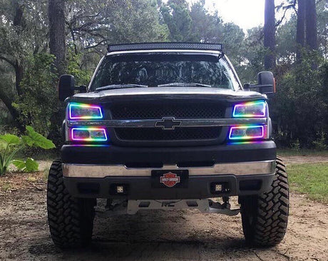 2003-2006 Chevrolet Silverado & Avalanche RGBW Color-Chasing LED Halo Kit LED headlight kit AutoLEDTech Oracle Lighting Trendz Flow Series RGBHaloKits OneUpLighting Morimoto