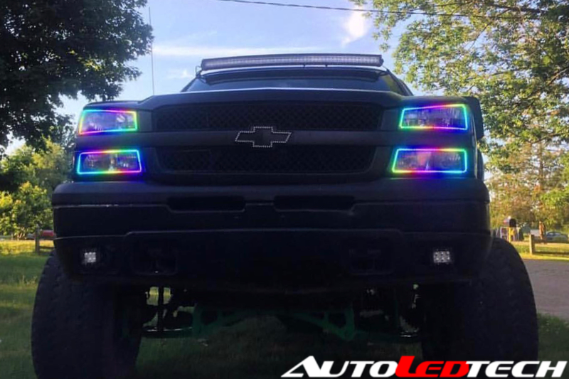 2003-2006 Chevrolet Silverado/Avalanche Prebuilt RGBW Color-Chasing LED Halo Headlights LED headlight kit AutoLEDTech Oracle Lighting Trendz Flow Series RGBHaloKits OneUpLighting Morimoto