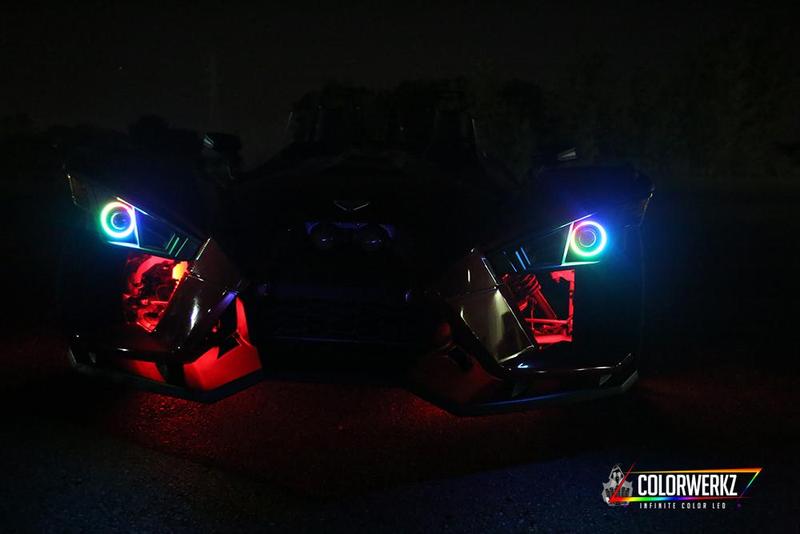 2014-2019 Polaris Slingshot Waterproof Exterior RGBW Color-Chasing Halo Kit (Single Projector Model) LED headlight kit AutoLEDTech Oracle Lighting Trendz Flow Series RGBHaloKits OneUpLighting Morimoto